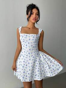 Aloruh Vestido mini elegante de mujer con cuello cuadrado sin mangas y estampado de cerezas, para verano - Celeste - Ver 4