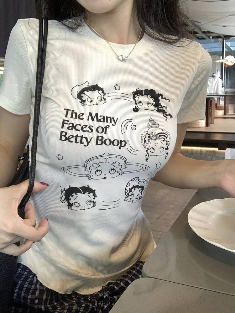 Women's Casual Cartoon Letter Print Short Sleeve Asymmetrical Hem Fitted T-Shirt, Suitable For Daily Commute In Summer