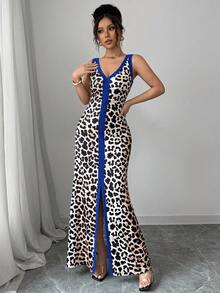 Elenzga Đầm ôm sát gợi cảm, xẻ tà trước, họa tiết da báo, cổ chữ V khoét sâu, cổ áo đối xứng. - Nhiều màu - Xem 6