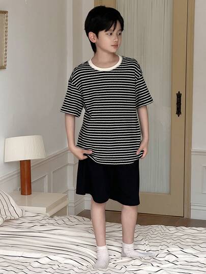 DAZY Boys' Short Sleeve & Shorts Striped Casual Pajama Set, Lightweight Summer Homewear (Plus Size)