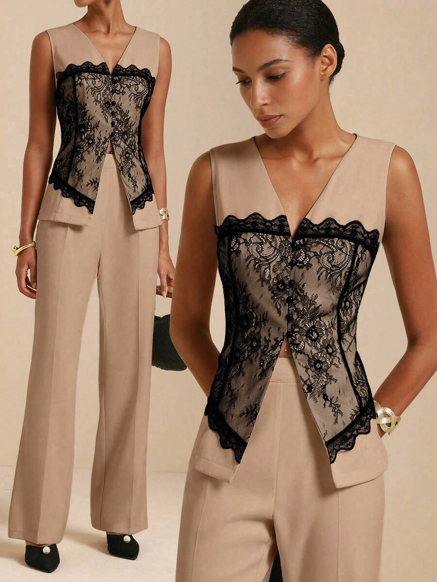 Vesra Lace Patchwork Long Sleeve V-Neck Fitted Shirt & Flared Pants Elegant 2-Piece Set For Women - Khaki - View 1