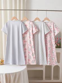 4pcs Women's Cute Rabbit & Swan Print Short Sleeve Ruffle Hem Nightgown Sleepwear Dress Set - Multicolor - View 2