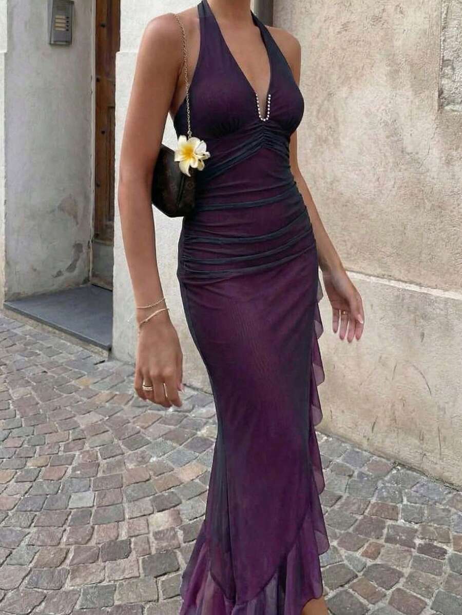 Firerie Women's Elegant Romantic Ombre Pleated Bodycon Halter Dress Nice Dresses For Ladies Events Wedding Guest Dress Classy For Women,Elegant Women Halter Dress Deep V Neck Slim Fit Sheer Mesh Long Gown With Rhinestone Accent /Summer Dresses For Women / Gradient Ruffled Long Dress