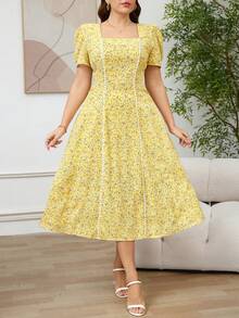 SHEIN Clasi 大码女式优雅碎花连衣裙 - 黃色 - 查看 5