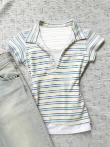 Glimmora Áo polo nữ kiểu retro mùa hè mới, kẻ sọc vàng trắng, 2 trong 1, tay ngắn, cổ chữ V, dáng ôm, phong cách vintage thường ngày. - Màu xanh nhạt - Xem 2