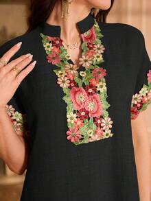 Al Najma Đầm thanh lịch cổ tàu thêu hoa tay raglan - màu đen - Xem 6