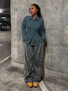 SHEIN Unity 女士蓝色收腰Y2K复古街头风2000年代风格休闲通勤返校长袖衬衫 - 藍色 - 查看 4