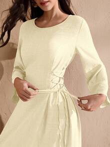 Graceveil Round Neck Solid Color Drawstring Tie Waist Dress - Apricot - View 2