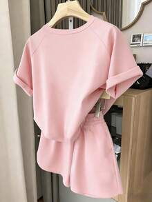 1 Set Tween Girls Casual Comfortable Fashion Cute Bow Decor Short Sleeve T-Shirt And Shorts Set, Suitable For Spring To Summer Outfits - Pink - View 2