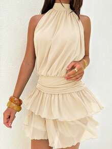 Aloruh Women's Elegant Halter Neck Ruched Flounce Hem Mini Dress,Summer Dresses For Women,Dresses For Women Summer Vacation Apricot - Beige - View 8