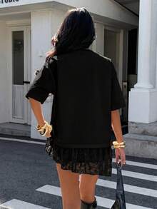 Muchica Plus Size Black Casual Loose Raglan Short Sleeve T-Shirt With Lace Patchwork - Black - View 2