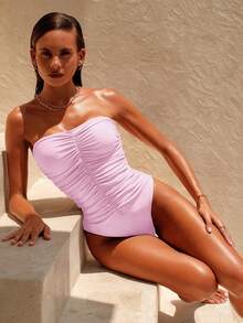 Swim Chiccia 女士纯色褶皱抹胸连体泳衣，沙滩夏季服装 - 粉色 - 查看 7