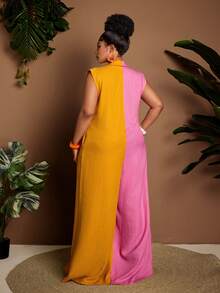 Maweii Plus Size Color Block Half-Zip Lapel Wide Leg Jumpsuit Brunch Formal Pink Summer Casual - Multicolor - View 7