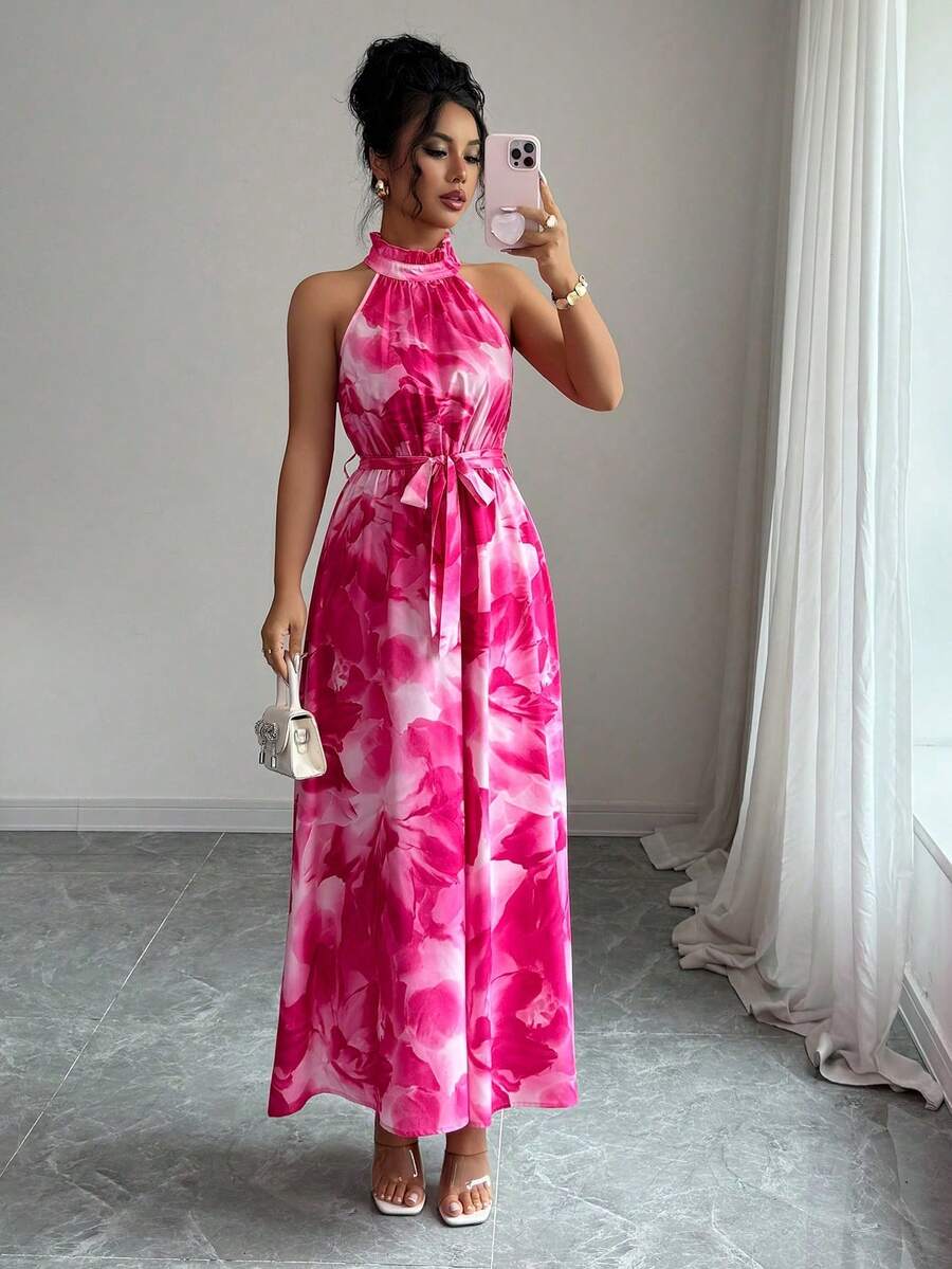 SHEIN Elenzya Elegant Commute & Island Vacation Floral Dress - Hot Pink - View 1