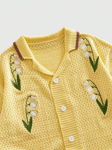 ROMWE MEN Men's Vintage Vacation Polo Shirt With Collar And Embroidered Cutout Design - Yellow - View 3