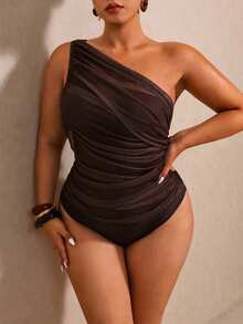 Elaquor 大码纯色不对称肩部褶皱连体泳衣 - 咖啡棕 - 查看 6