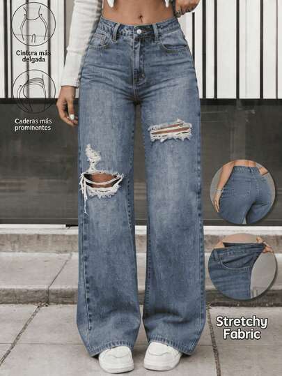 Vaqueros anchos holgados versátiles para mujer, estilo informal, Pantalones Vaqueros Mujer, Jeans Holgados con Rotos Estilizados, Comodidad Total para Ciudad y Moda Juvenil