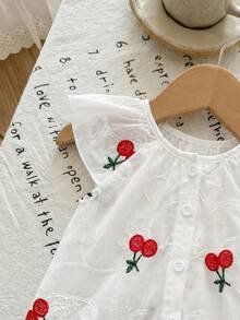 SHEIN LMoss Kids Newborn Baby Girl Floral Embroidery Pattern Short Sleeve Top And Green Shorts Set, Summer - Red - View 3