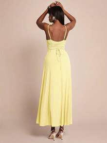 SHEIN BAE Damen blassgelbes elegantes minimalistisches ärmelloses figurbetontes langes Kleid für Sommer Brunch Gartenparty Picknick mit Rüschensaum in einfarbigem Blau Marine Urlaubskleidung - Gelb - Übersicht 5