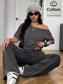 Teen GirlSummer Casual Basic Streetwear Loose Shoulder T-Shirt And Pants Cotton Tie-Dye T-Shirt Set - Grey - View 4