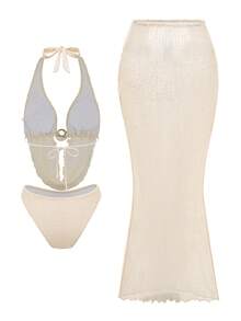 Bonvoyette Áo hai dây màu be gợi cảm dành cho nữ, thích hợp cho kỳ nghỉ biển hoặc bikini. - Màu be - Xem 4