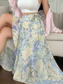 DAZY 优雅雪纺印花荷叶边下摆女裙 - 藍色 - 查看 5