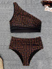 Swim Chiccia 女士时尚沙滩装，几何渐变印花比基尼套装，斜肩沙滩派对度假优雅比基尼，高腰褶皱紧身比基尼两件式泳衣 - 彩色 - 查看 5