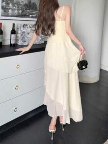 Women 2025 Solid Color Draped Neck Elegant Ruffle Detail Maxi Slip Dress - Apricot - View 2