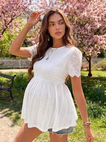 Maternity Solid Color Minimalist Daily Wear Round Neck Short Sleeve T-Shirt - White - View 4