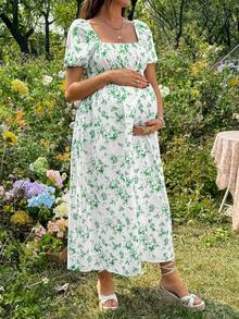 SHEIN Maternity Floral Print Ruched Square Neck Short Sleeve Dress For Summer - Green - View 6