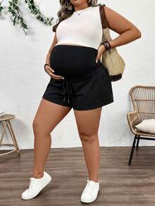 Plussiva 大码孕妇纯色高腰休闲宽松短裤 - 黑色 - 查看 4
