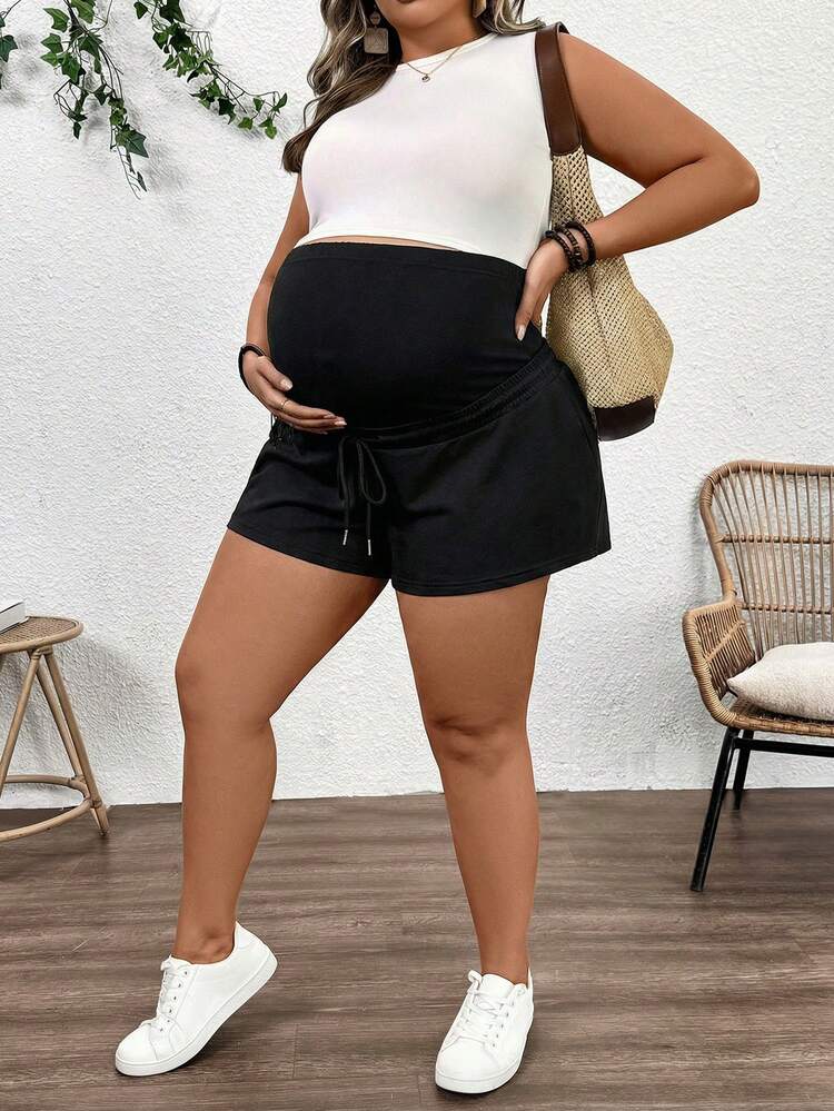 SHEIN Quần short bầu cỡ lớn, màu trơn, cạp cao, dáng rộng, thoải mái. - màu đen - Xem 4
