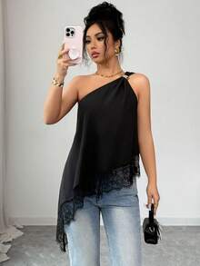Blusa de mujer nueva para verano, con dobladillo asimétrico y adorno de encaje, blusa negra con hebilla metálica, blusa ajustada con hombros asimétricos y adorno de encaje lujoso, b - Negro - Ver 3