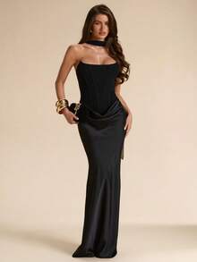 SHEIN BAE Đầm màu nâu trơn ôm sát người, chất liệu lưới và satin, thanh lịch, thích hợp cho tiệc trưa, dự đám cưới, tiệc trang trọng, mùa hè, đầm nâu, đầm dự tiệc cưới, đầm ngắn sinh nhật, đầm duyên dáng. - màu đen - Xem 3