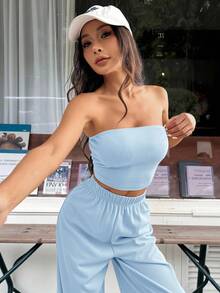 SHEIN EZwear 浅蓝色女士新款无肩带上衣和裤子套装 - 淺藍色 - 查看 6