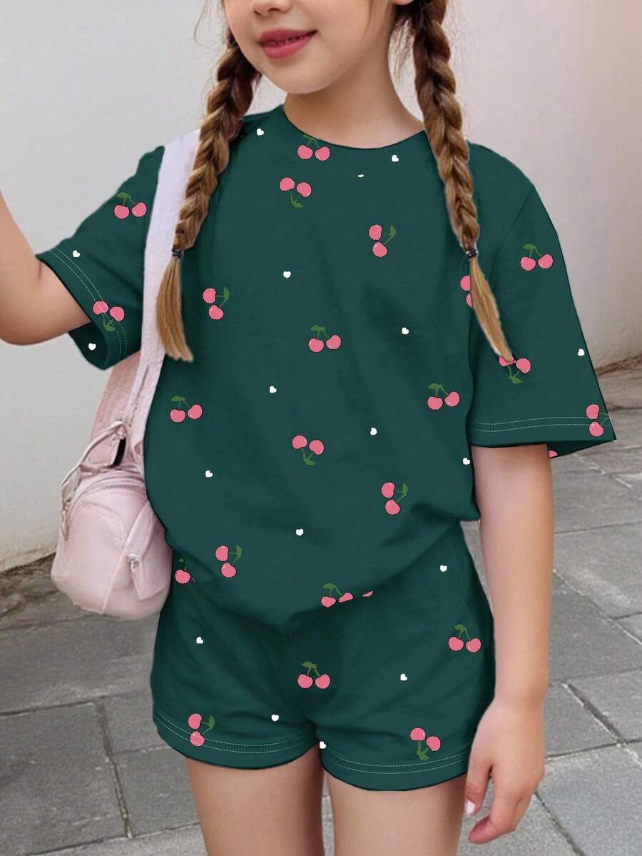 可爱迷你爱心樱桃印花,少女休闲简约短袖短裤两件套,适合夏季、返校季、2000年代风格、韩版风格、秋季、返校节、冬季、朋克风、条纹、舒适休闲、时尚童装、嬉皮风、音乐节、BM、复古甜美美式高中风、街头风、休闲校园运动风、户外野餐、郊游、街头风、居家、校园、运动套装 - 彩色 - 查看 1