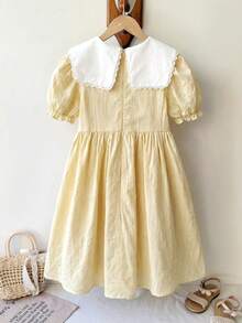 SHEIN 青少年女孩寬鬆休閒花瓣袖花卉圖案刺繡中長洋裝 - 黃色 - 查看 2