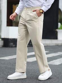Manfinity Mode Men's Solid Color Pocket Casual Versatile Commute Suit Pants - Beige - View 5