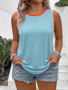 EMERY ROSE Women's Spring/Summer New Arrival Striped Print Contrast Trim Casual Versatile Plus Size Tank Top - Multicolor - View 6