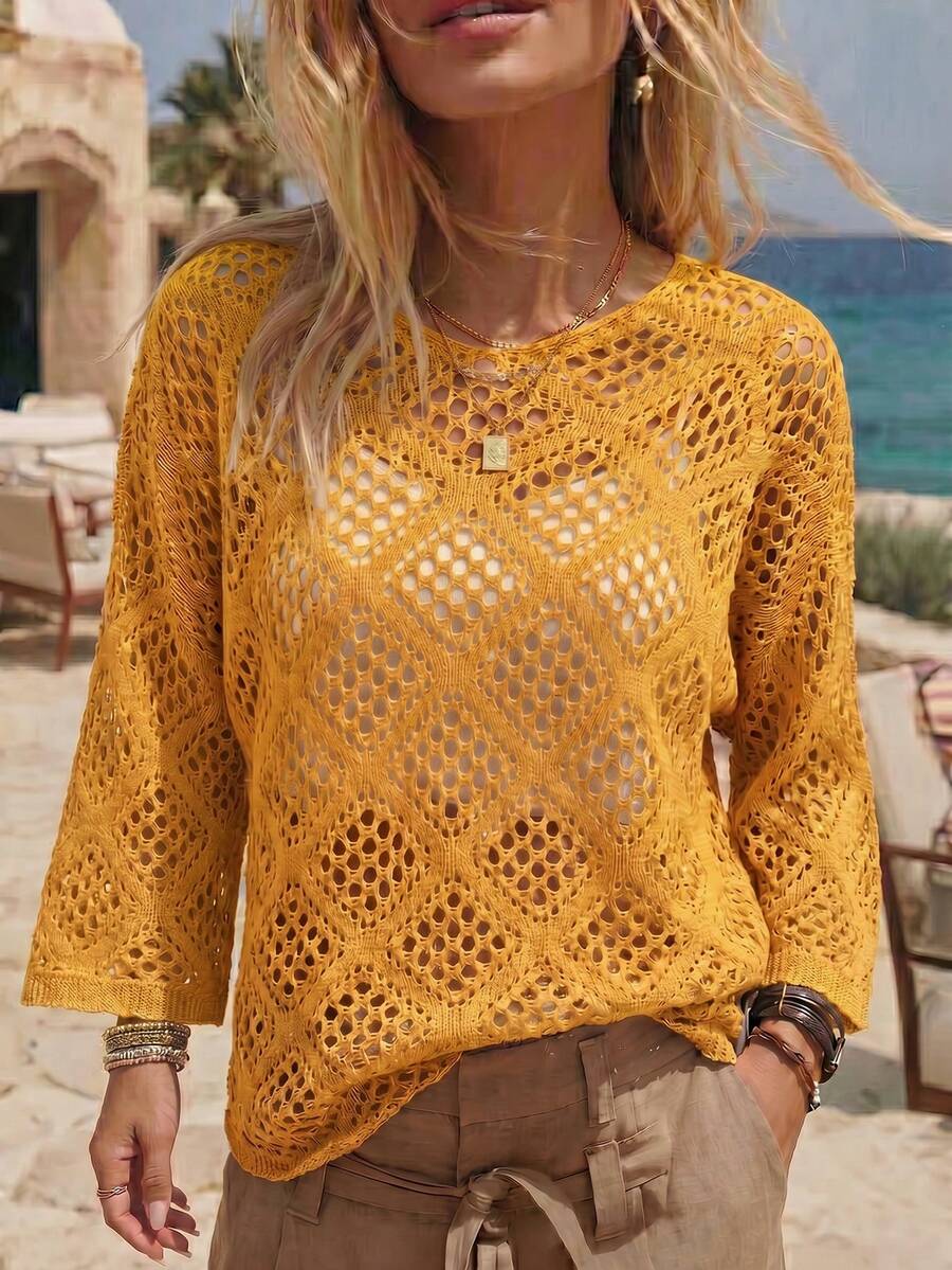 SHEIN Holidaya 女士度假休闲纯色镂空针织毛衣 - 黃色 - 查看 1