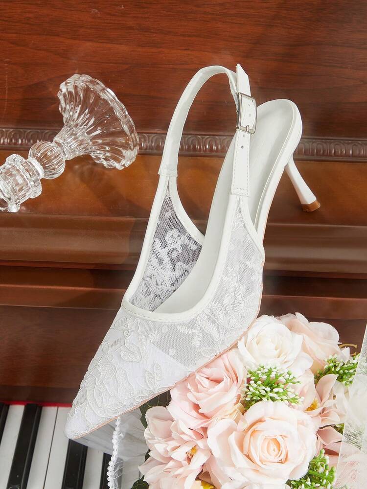 CUCCOO HITCHD Women Shoes Pointed Stiletto White Lace Mesh Sexy And Comfortable Daily Versatile Women's High Heel Shoes Slingback Shoes Temperament Fashion Party Wedding Banquet Women's Shoes