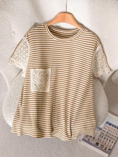 CosyJoli Plus Size Women Round Neck Striped Lace Patchwork Casual Versatile Daily T-Shirt