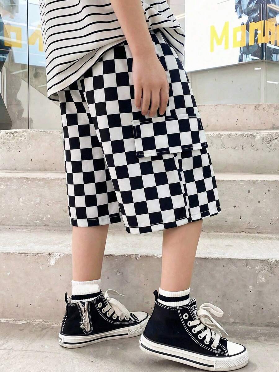 SHEIN 青少年男孩休閒棋盤格寬鬆寬腿黑白短褲，工裝短褲，Y2K基礎下身單品，適合春夏，外出、返校、運動
