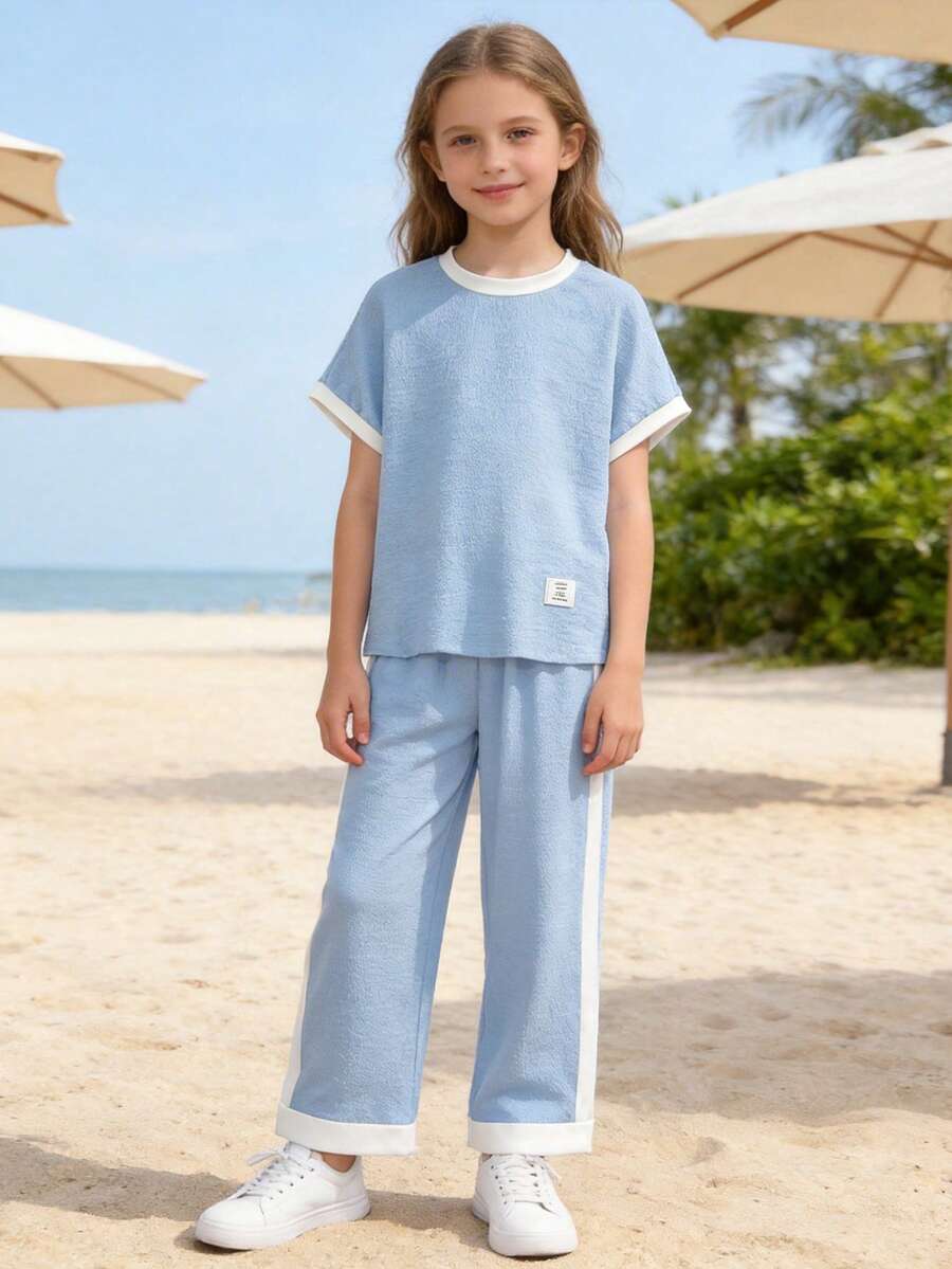 Tween Girls Casual All-Match Versatile Daily Wear Black & White Contrast Trim Round Neck Raglan Sleeve T-Shirt + Straight Leg Knit Pants Set - Blue - View 1
