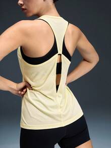Powerista Áo tank top thể thao nữ đa năng in chữ, chất liệu lưới xuyên thấu, kiểu dáng thường ngày. - Màu vàng - Xem 1