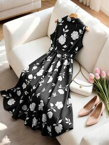 GlowEve CURVE Plus Size Women's Elegant Minimalist Turndown Collar Sleeveless Cinched Waist Long Floral Print Casual Shirt Dress, Spring/Summer - Black - View 2