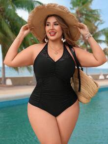 Swim Lushoire Đầm liền thân cỡ lớn dành cho nữ, viền ren, thích hợp cho kỳ nghỉ biển. - màu đen - Xem 3