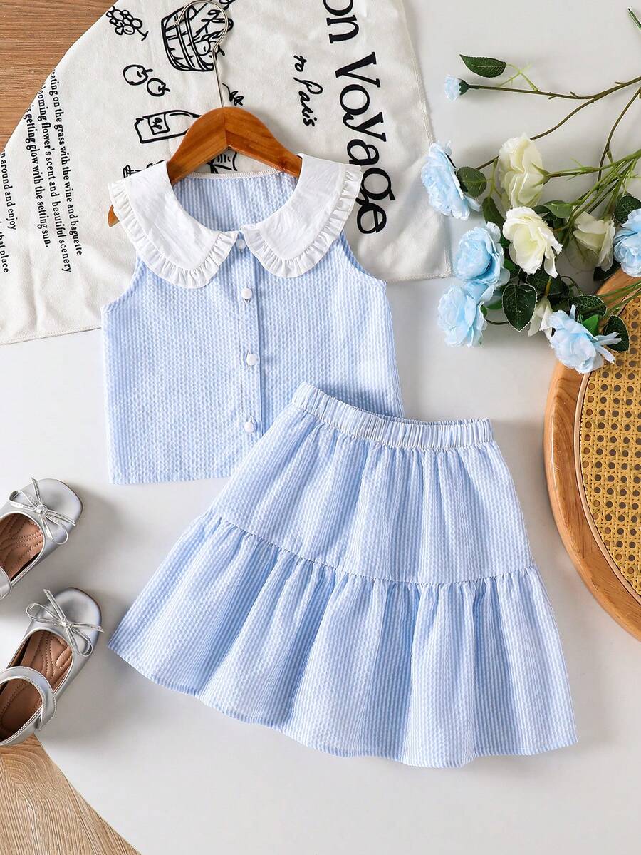 Genkimix Kids Bộ đồ mùa hè năng động cho bé gái: áo không tay cổ bẻ phối màu tương phản kẻ sọc và chân váy ngắn. - Màu xanh nhạt - Xem 1