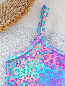 SHEIN Traje de baño de una pieza con volantes y estampado de leopardo para niña, ideal para vacaciones de verano en la playa - Multicolor - Ver 4