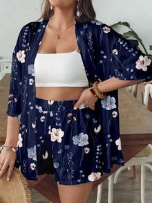 SHEIN VCAY Casual Minimalist Vintage Leaf Pattern Loose Plus Size 2 Pieces Set, Suitable For Summer - Navy Blue - View 3